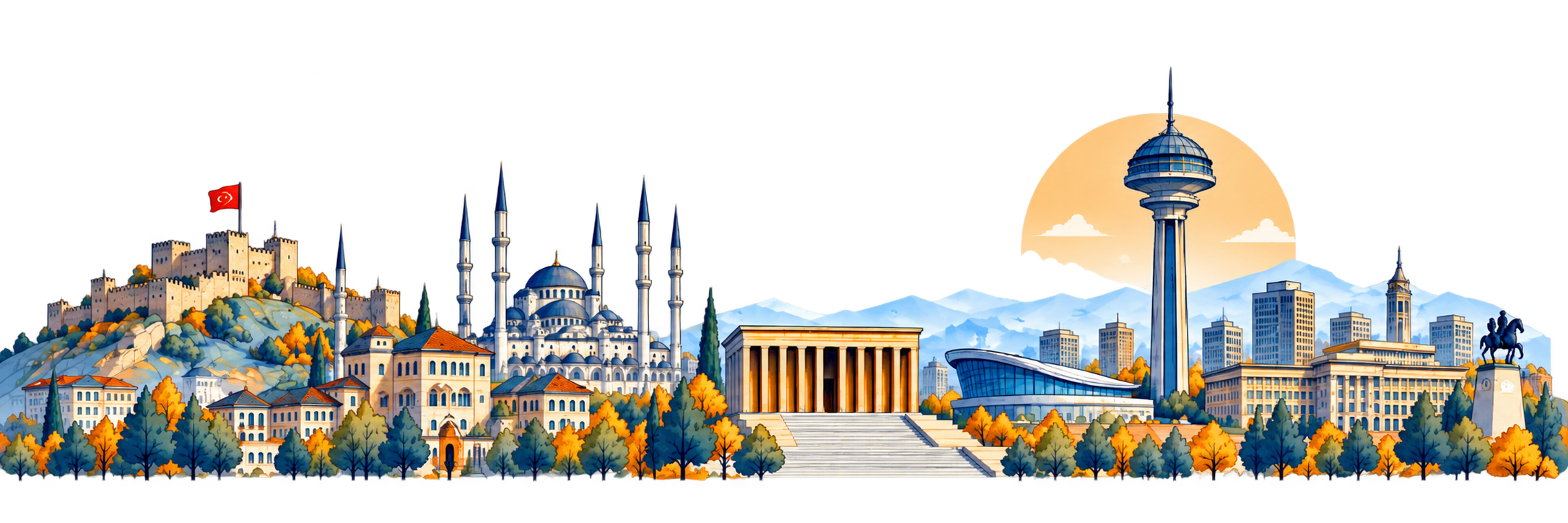 Ankara Kalesi, Kocatepe Camii, Anıtkabir ve Atakule illüstrasyonu
